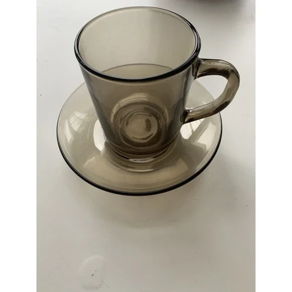 VTG Single Arcoroc France Smokey Gray Coffee Mug And Saucer Rare - Picture 2 of 7